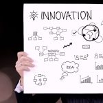 A person holding a card. The heading reads 'Innovation' and there are graphs and images representing partnership and innovation